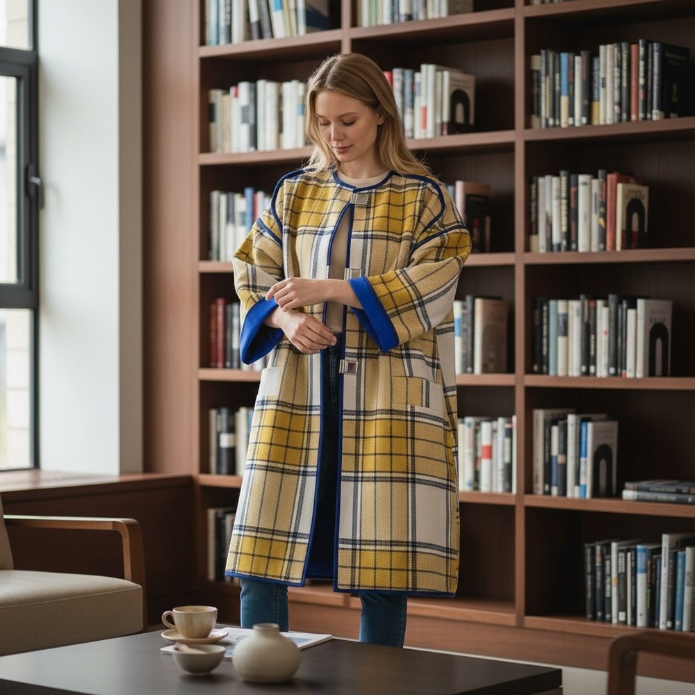 Rodebjer Joska XS Yellow‎ Plaid Wool Blend Coat Collarless Jacket Clueless